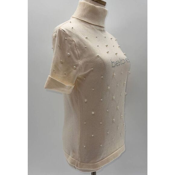 Bebe Cream Short Sleeve Turtleneck Pearl Sequin Logo Sweater- L - Picture 11 of 12